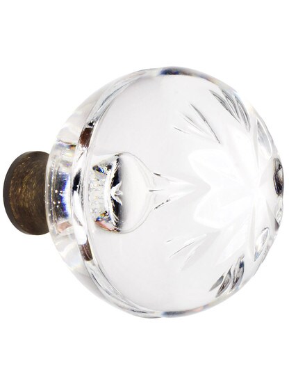 German Crystal Knob With Etched Snowflake Top And Solid Brass Base in Antique Brass.